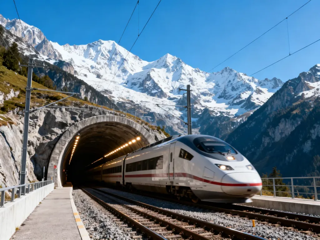 Nowoczesny pociąg wyjeżdżający z oświetlonego tunelu kolejowego w austriackich Alpach na tle ośnieżonych szczytów.
