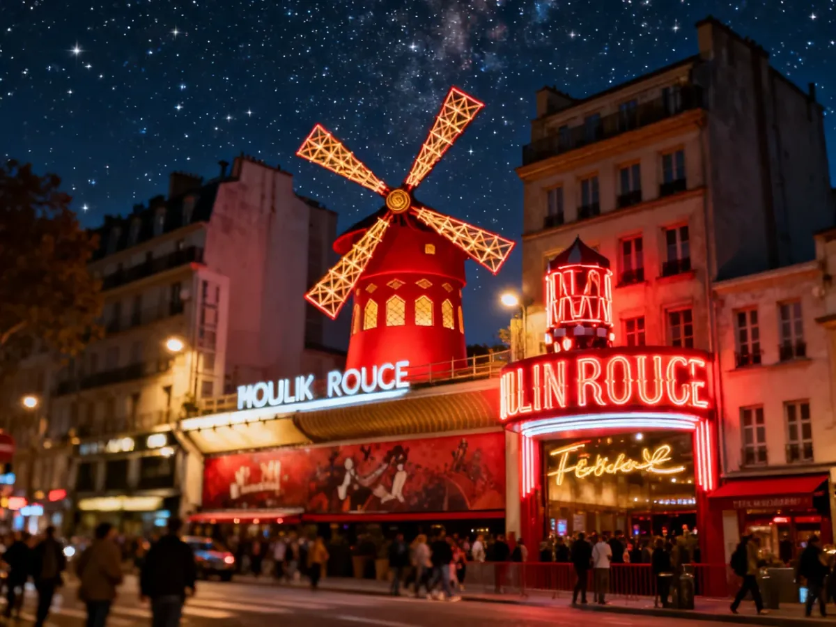 Oświetlony czerwony wiatrak na dachu Moulin Rouge w Paryżu nocą, widoczny na tle rozgwieżdżonego nieba i tętniącej ulicy.