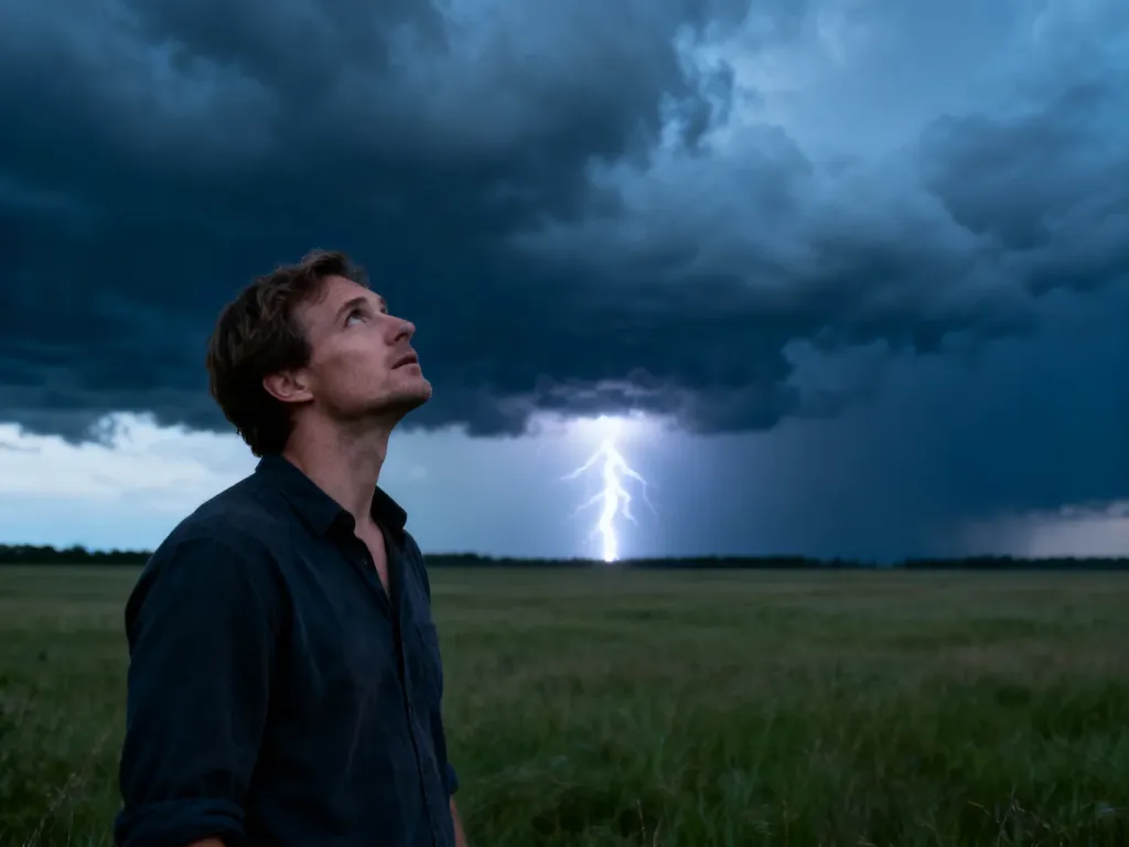 Mężczyzna na otwartym polu obserwuje burzowe niebo z widocznym wyładowaniem atmosferycznym.