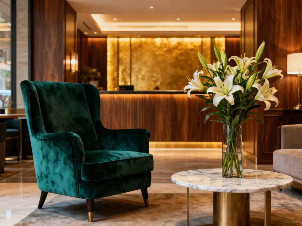 Eleganckie lobby hotelu butikowego z aksamitnym fotelem, marmurowym stolikiem i nastrojowym oświetleniem.