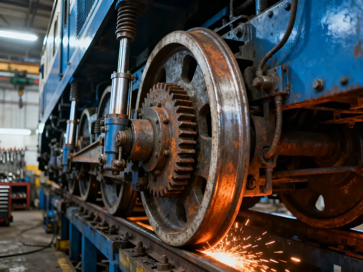 Zbliżenie na skomplikowany mechanizm koła pociągu w warsztacie naprawczym, ukazujące zardzewiałe elementy i tłoki hydrauliczne.