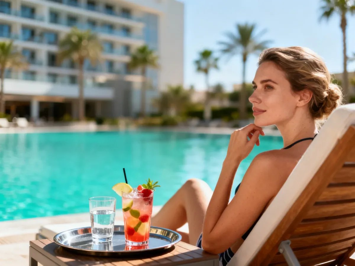 Kobieta wypoczywająca na leżaku przy hotelowym basenie z bezalkoholowym koktajlem, ilustrująca ofertę All Inclusive Soft.