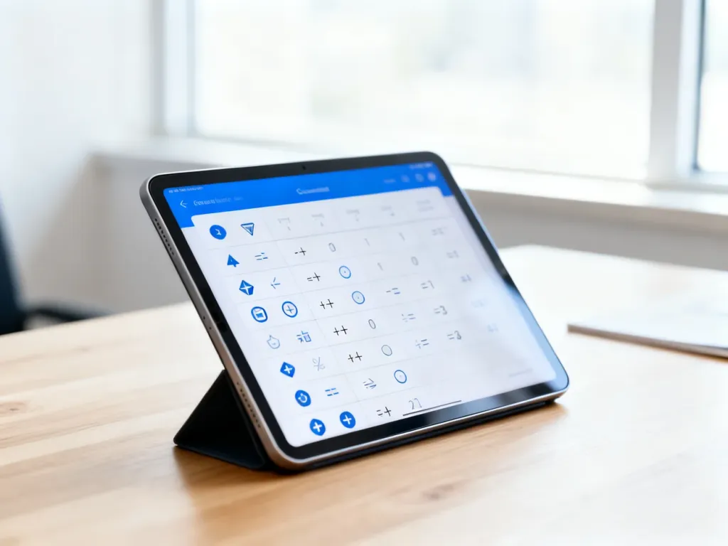 Nowoczesny tablet na drewnianym biurku z wyświetloną tabelą przeliczeń jednostek w minimalistycznym biurze.