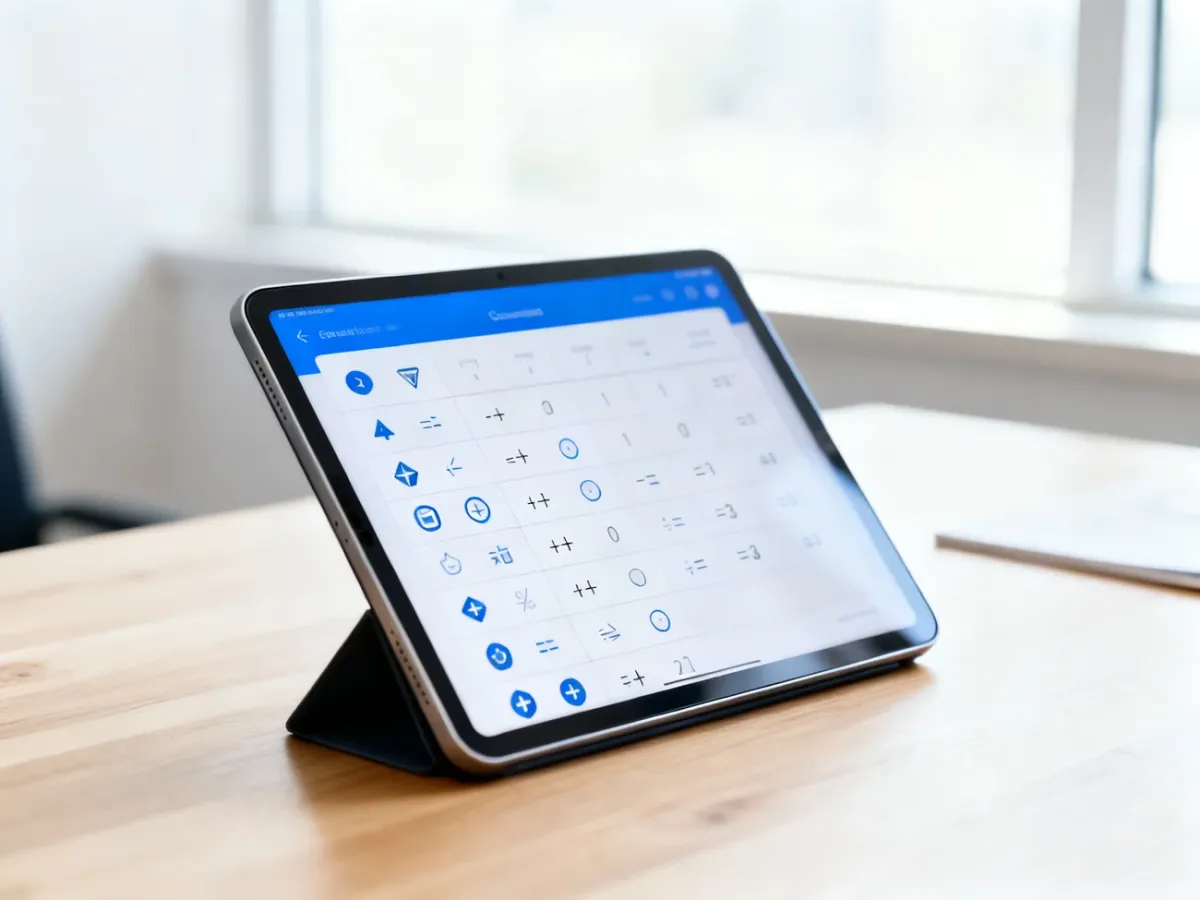 Nowoczesny tablet na drewnianym biurku z wyświetloną tabelą przeliczeń jednostek w minimalistycznym biurze.
