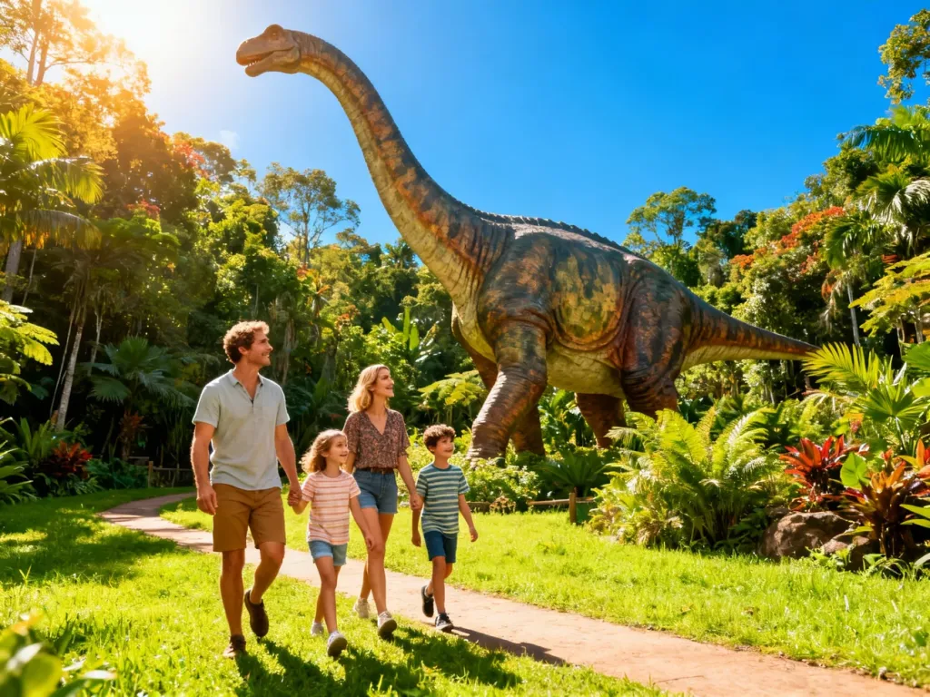 Szczęśliwa rodzina zwiedzająca park dinozaurów w Bałtowie wśród zieleni i figur prehistorycznych gadów.