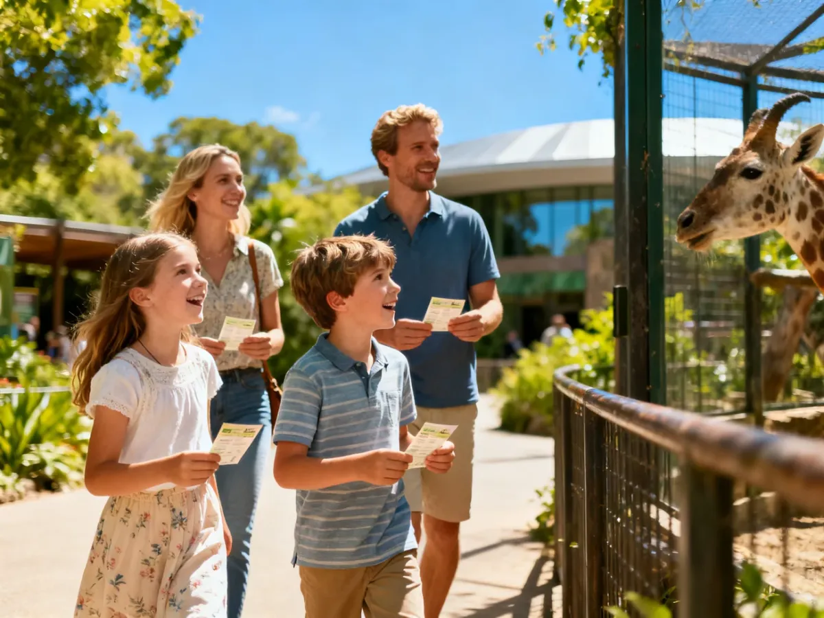 Szczęśliwa czteroosobowa rodzina wchodzi do zoo, trzymając bilety wstępu w słoneczny dzień.