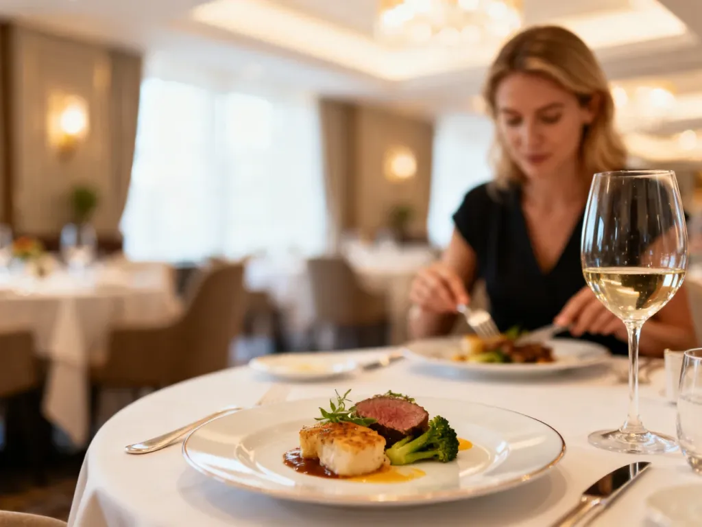 Elegancko nakryty stół w hotelowej restauracji z wykwintnym daniem i winem, ilustrujący ofertę wyżywienia typu half board.