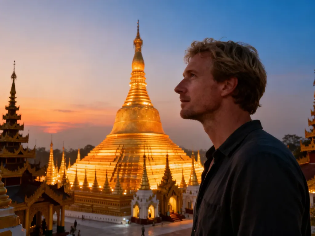 Mężczyzna podziwiający złotą pagodę Shwedagon w Mjanmie podczas zachodu słońca.