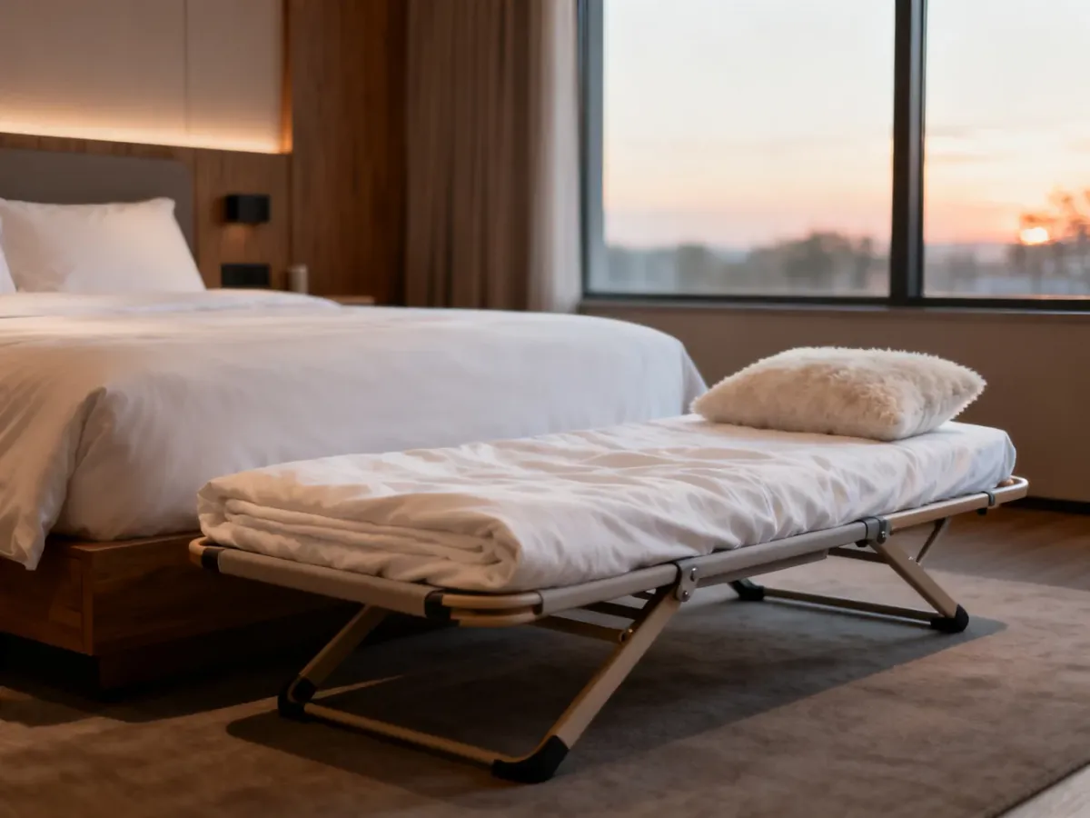 Nowoczesny pokój hotelowy z dodatkowym, estetycznie przygotowanym łóżkiem dostawnym przy głównym łóżku małżeńskim.