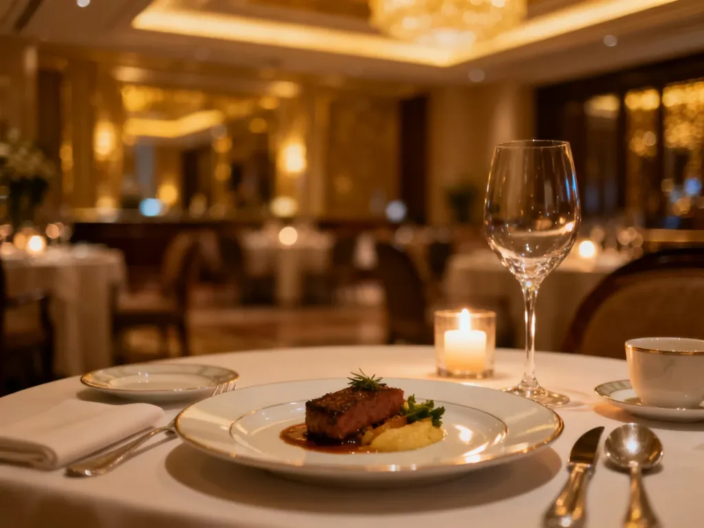 Elegancko nakryty stół w luksusowej restauracji hotelowej, zachęcający do skorzystania z oferty gastronomicznej dine around.