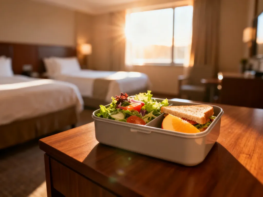 Estetyczny lunch box ze świeżym posiłkiem na drewnianym stole w hotelowym pokoju w promieniach porannego słońca.