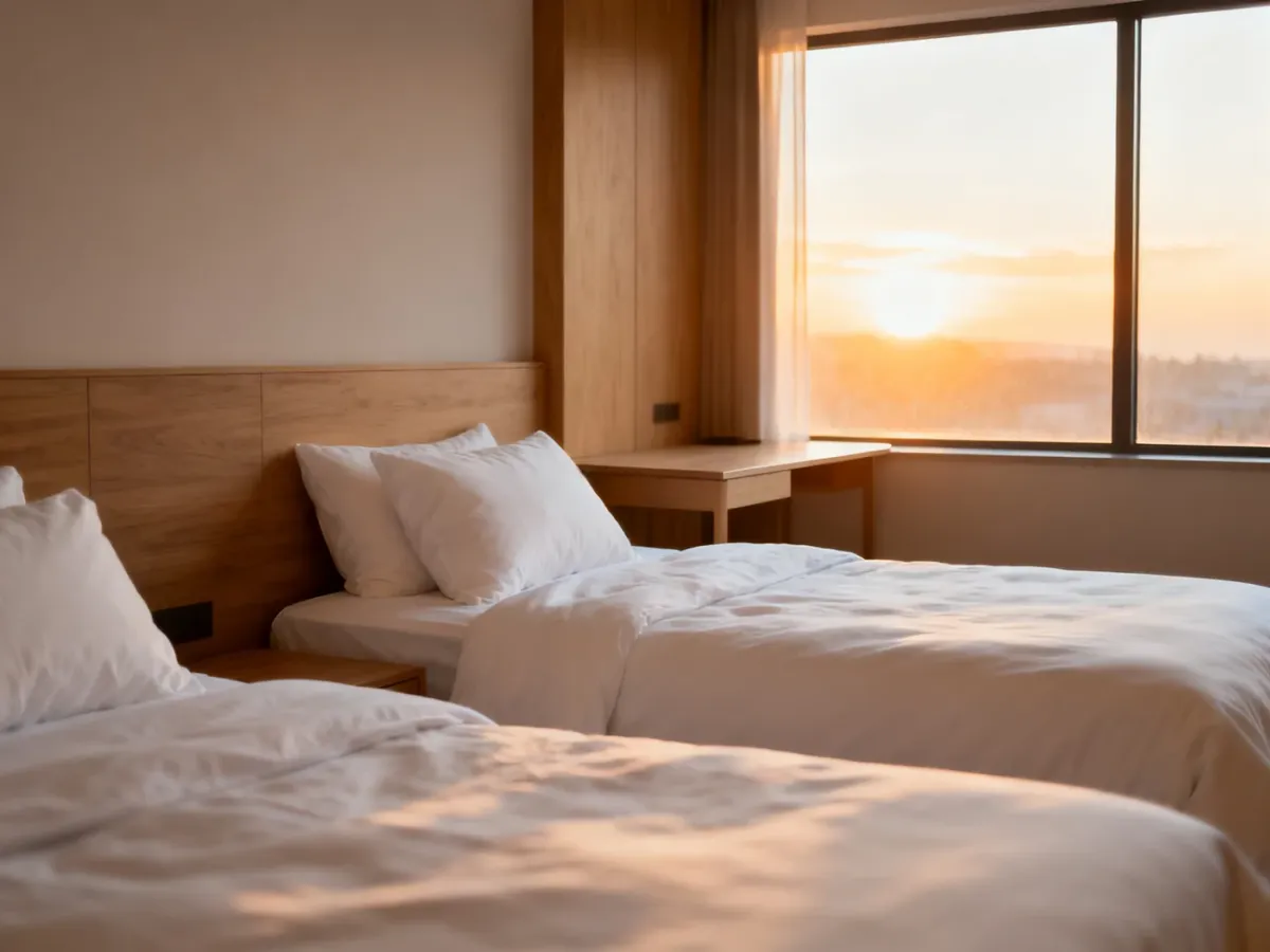 Nowoczesny pokój hotelowy z dwoma oddzielnymi łóżkami ustawionymi obok siebie, oświetlony ciepłym światłem poranka.