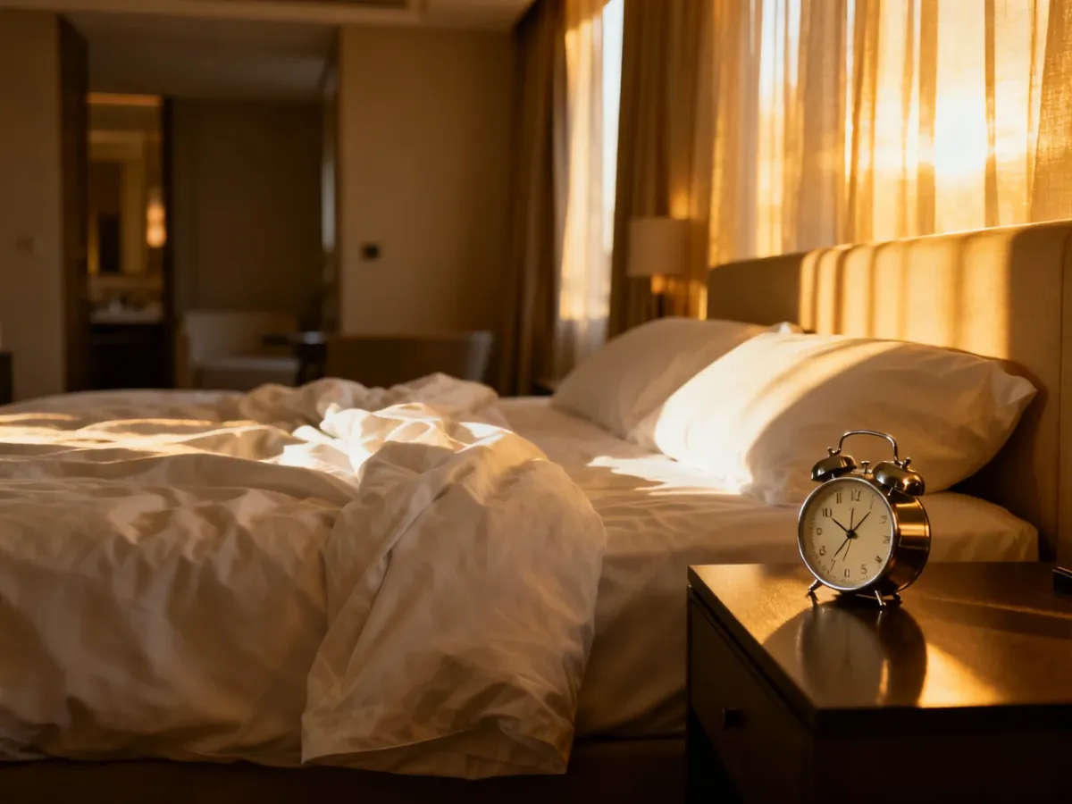 Przytulny pokój hotelowy z niepościelonym łóżkiem w świetle popołudniowego słońca, zachęcający do skorzystania z późnego wymeldowania.