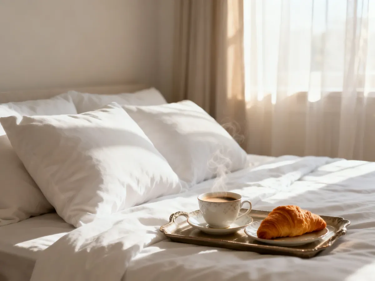 Elegancki pokój hotelowy z przygotowanym śniadaniem na stoliku nocnym, ilustrujący ofertę noclegu ze śniadaniem (BB).
