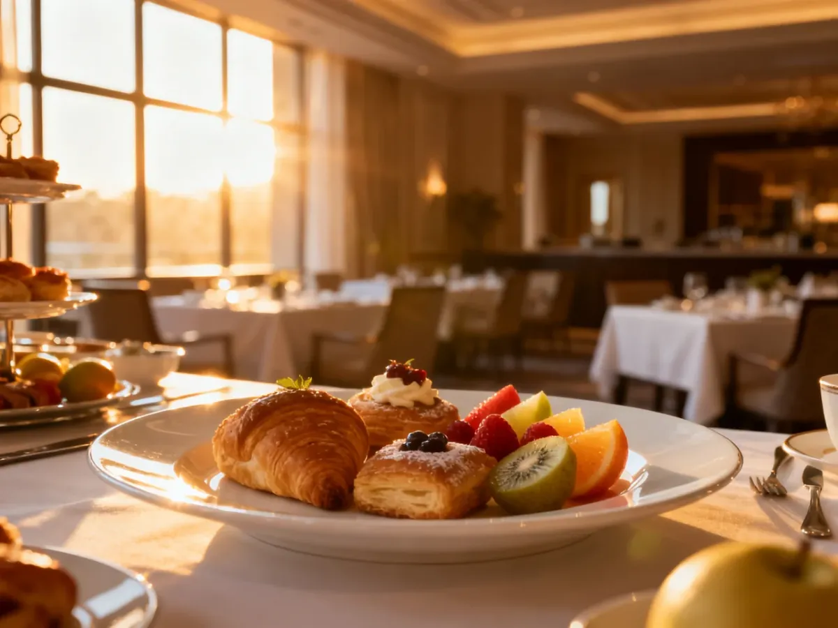 Elegancko nakryty stół w hotelowej restauracji z wyśmienitymi wypiekami i owocami, przygotowany na śniadanie w formie bufetu.