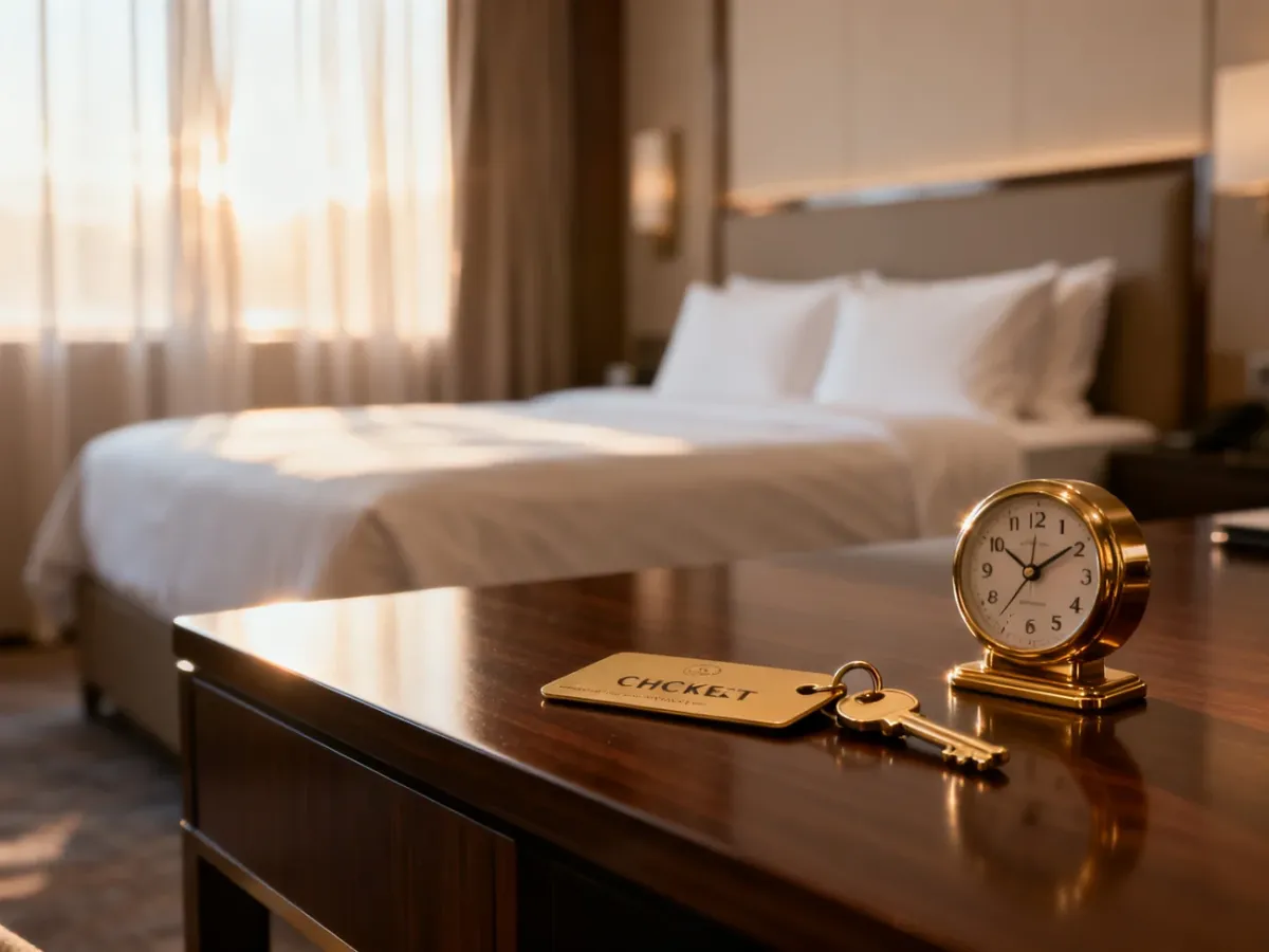 Nowoczesny pokój hotelowy z kartą dostępu i zegarem wskazującym godzinę wymeldowania w świetle poranka.