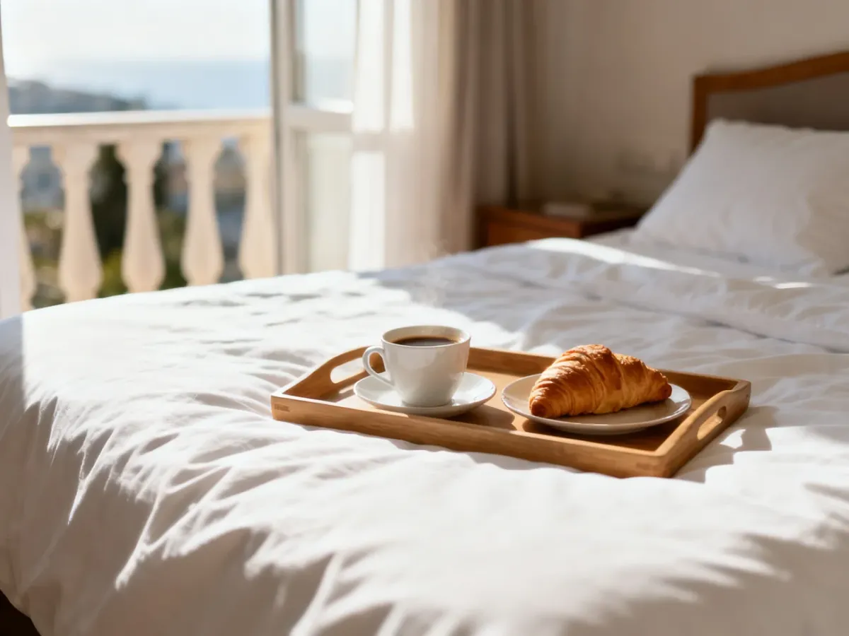 Przytulny pokój hotelowy z pościelonym łóżkiem i śniadaniem na stoliku, ilustrujący ofertę wyżywienia HB.