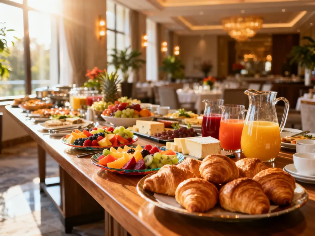 Luksusowy bufet śniadaniowy z różnorodnymi potrawami, owocami i napojami w eleganckiej sali hotelowej.