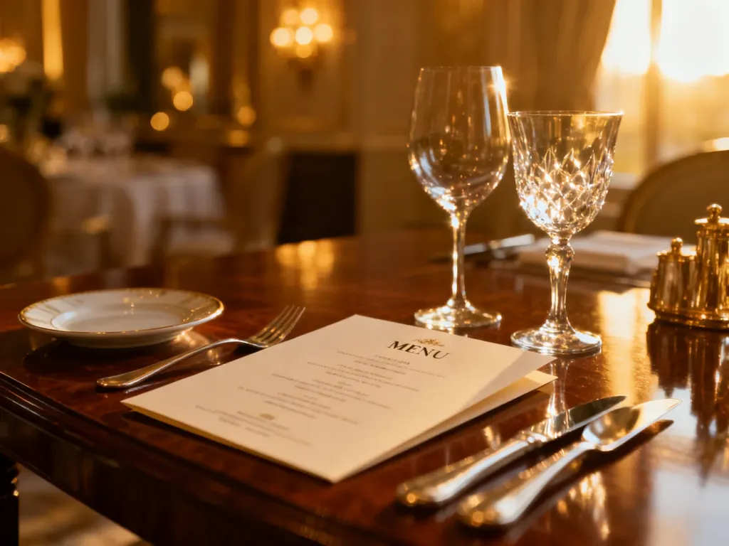 Elegancko nakryty stół w hotelowej restauracji z menu, porcelaną i kryształowym szkłem, podkreślający ofertę a la carte.