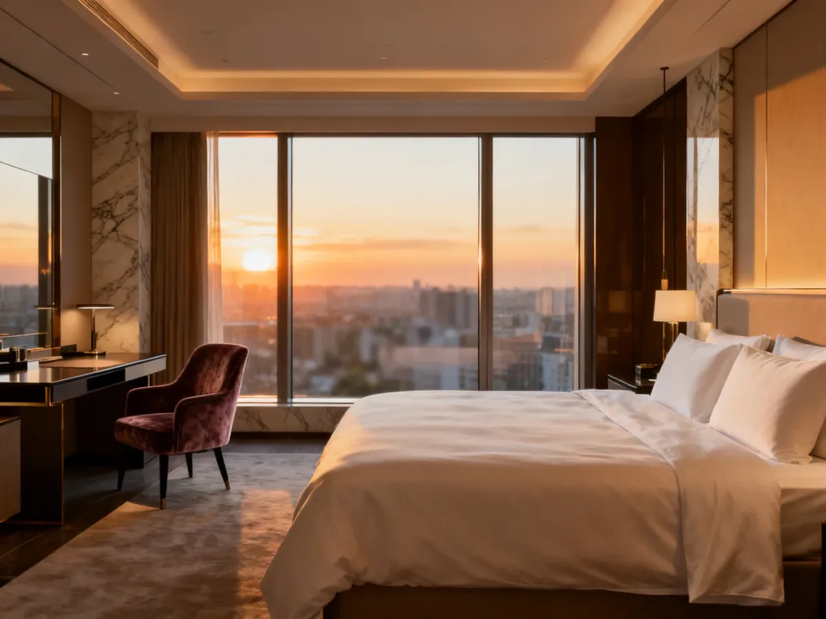 Luksusowy apartament hotelowy z dużym łóżkiem, eleganckim wystrojem i widokiem na panoramę miasta o zachodzie słońca.