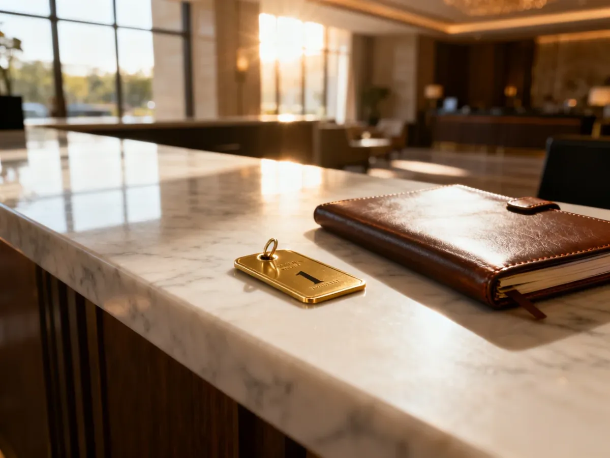 Elegancka recepcja hotelowa w porannym świetle z kartą dostępu do pokoju, symbolizująca możliwość wcześniejszego zameldowania.