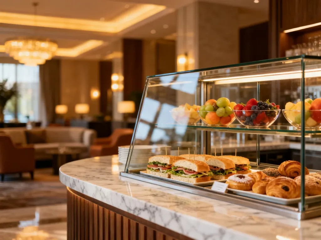 Nowoczesna lada hotelowego snack baru z witryną pełną świeżych kanapek, owoców i wypieków w eleganckim wnętrzu lobby.