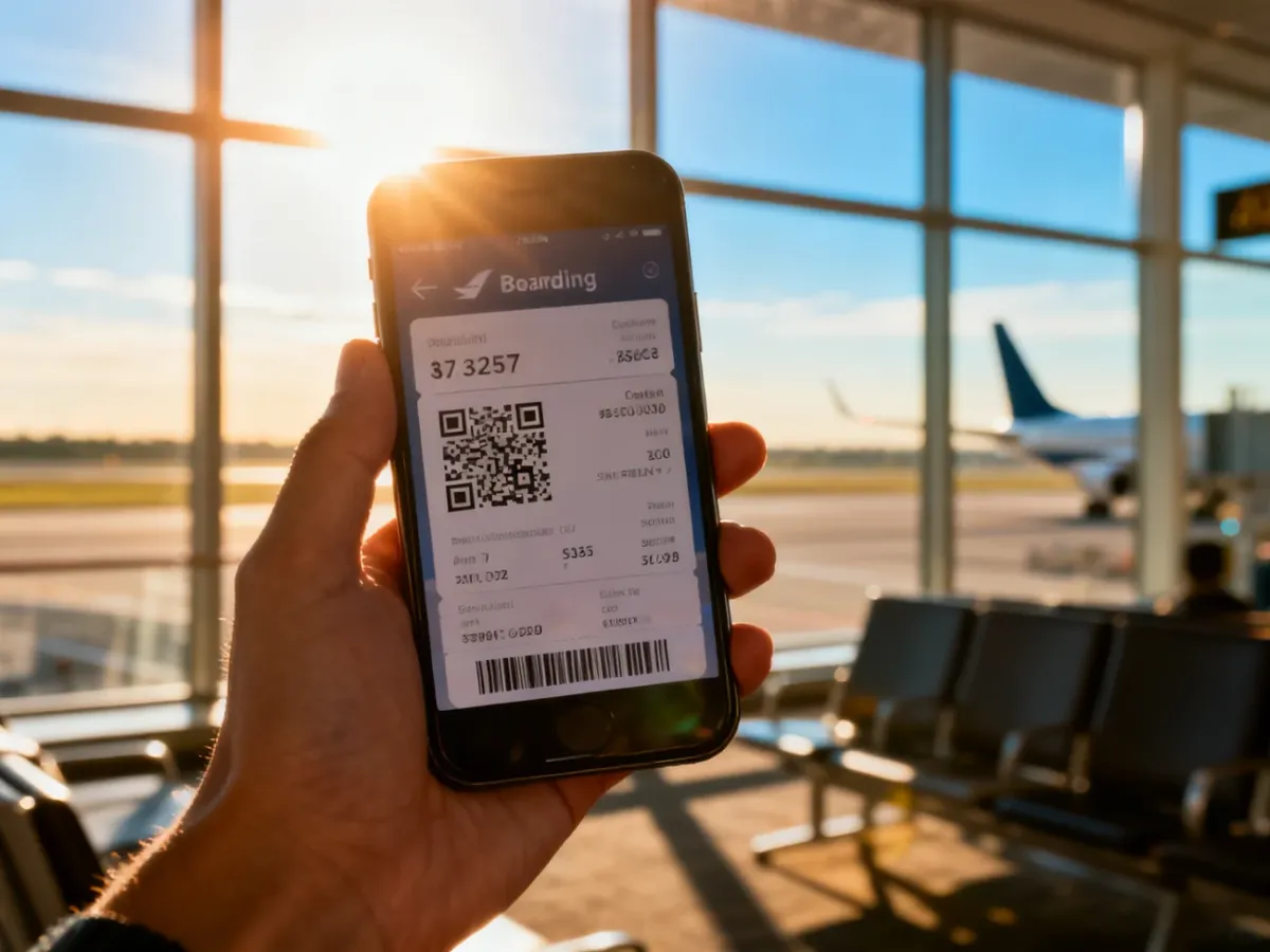 Cyfrowa karta pokładowa z kodem QR wyświetlona na ekranie smartfona na tle lotniskowej hali odlotów.