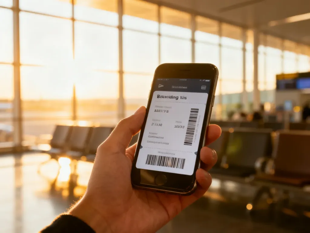Smartfon z wyświetloną cyfrową kartą pokładową na tle słonecznej hali odlotów lotniska.