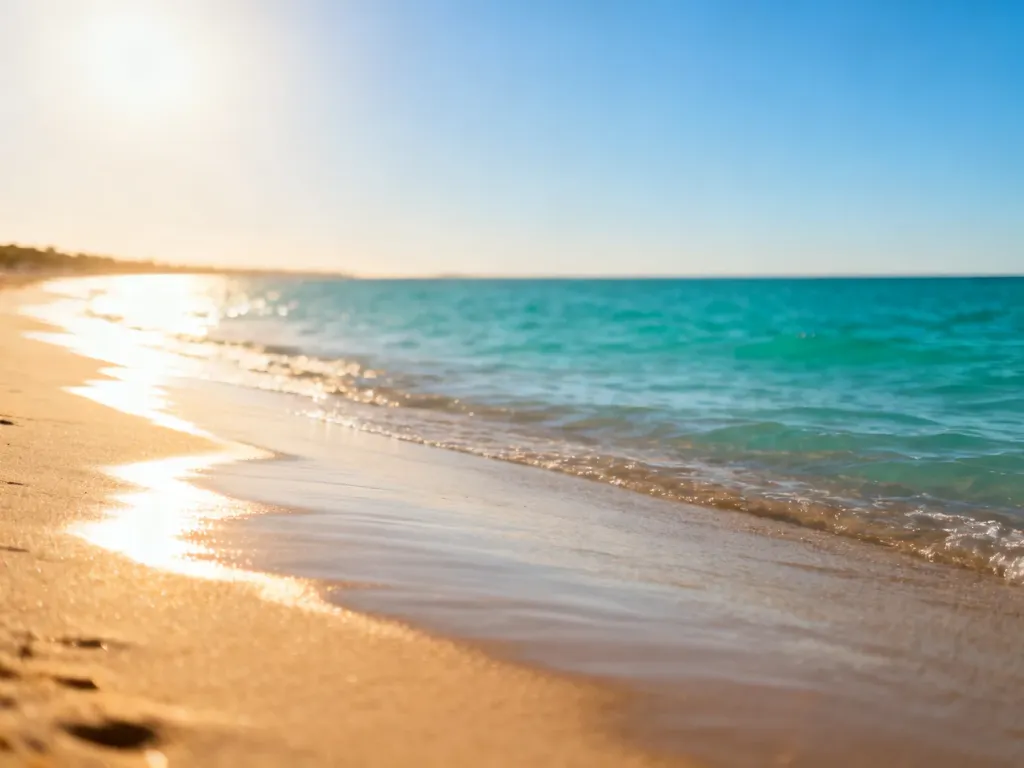 Piaszczysta plaża stykająca się z turkusowym oceanem w świetle poranka, ilustrująca bezpośrednie sąsiedztwo z morzem.